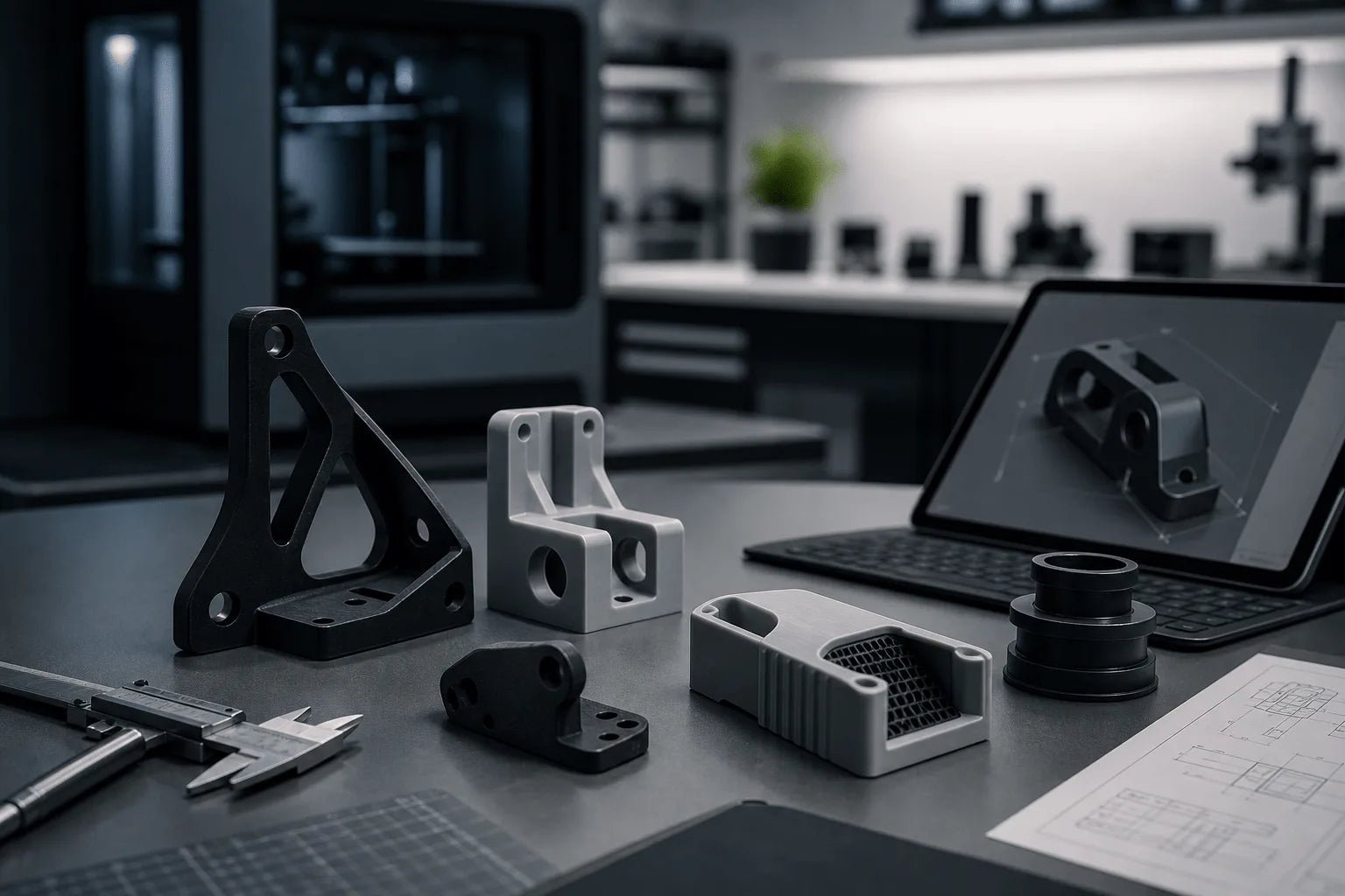 B2B 3D-Druck Service: technische Prototypen, Halterungen und CAD-Entwurf auf einer Werkbank