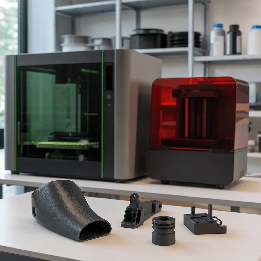 Moderne 3D-Druck-Produktion mit kompakten Desktop-Druckern und technischen Cover- sowie Adapter-Prototypen